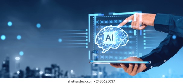 Hands of businessman using tablet with AI artificial intelligence brain interface in night city. Concept of machine learning