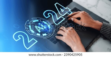 Hands of businesswoman using laptop at office table with double exposure of immersive 2024 AI artificial intelligence interface. Concept of machine learning and robot research