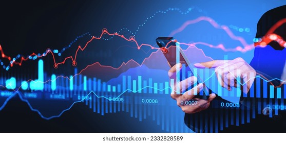 Hands of businesswoman using smartphone over dark blue background with double exposure of digital financial graphs with numbers. Concept of stock market trading application and software