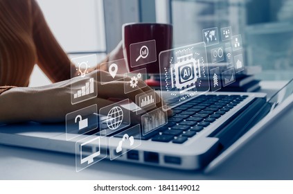Hands of businesswoman working with laptop  and network connection on virtual screen at office table, Digital marketing and business concept, Background blurred.