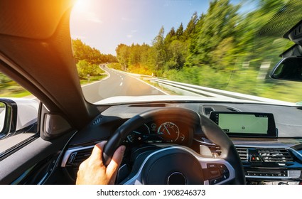 Hands Of Car Driver On Steering Wheel, Road Trip, Driving On Highway Road