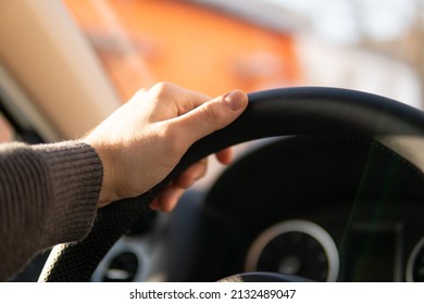 Hands Of Car Driver On Steering Wheel, Fast Driving Car At Spring Day On A Country Road, Having Fun Driving The Empty Highway On Tour Journey - POV First Person View Shot