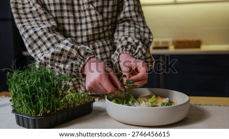 Hands carefully adding delicate microgreens to a vibrant salad bowl containing lettuce and sliced eggs, showcasing a fresh and nutritious meal preparation