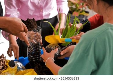 Hands Carefully Adding Soil And Aloe Plant To Handmade Recycled Planter Promoting DIY Eco Crafts