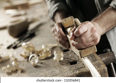 Hands Of A Carpenter Planed Wood, Workplace