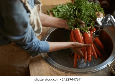 Hands, carrots and washing in sink as vegetable nutrition for wellness ingredient for healthy, salad or organic. Chef, water and clean in kitchen for meal preparation with recipe, vitamins or fibre - Powered by Shutterstock