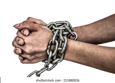 Hands chained isolated on white background