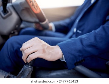 Hands, change gears and driver in car for business journey, travel or commute to work. Road trip, person driving or shift manual transmission to speed or accelerate in motor vehicle transport closeup