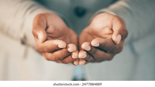 Hands, charity and palms of person for support, giving and hope for growth. Man, donation and hand gesture for kindness with help, community and gratitude or cupping for thank you, aid and poverty