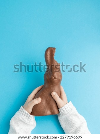 hands of Child holding chocolate Easter bunny with ears bitten off on blue background, family concept. Vertical, top view