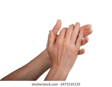 Hands clapping in applause, isolated on white background. Male hands showing gesture of congratulations and recognition. Ideal for concepts of celebration, success, and