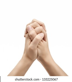 Hands Clasped Together On White Background