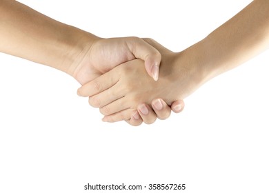 Hands Clasped Together On White Background