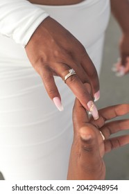 Hands Close Up Wearing Wedding Ring Beautiful Pinky Nails