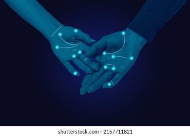 Hands close-up on a blue background with dots of identification. digital future technology abstract, cyber security concepts, hand palm diagram. - Powered by Shutterstock - Get 15% off with code: PIKWIZARD15