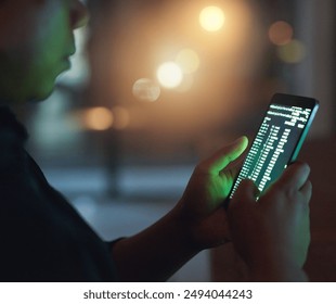 Hands, code and hacker with phone for cyber attack, fraud or data breach with bokeh at night. Mobile, criminal or person hacking on screen for network security or programming dark web malware closeup