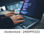Hands, coding and laptop typing with cybersecurity, hacker and software data analysis. Person, web programmer and computer work with firewall system hacking and algorithm writing for malware