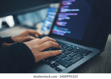 Hands, coding and laptop typing with cybersecurity, hacker and software data analysis. Person, web programmer and computer work with firewall system hacking and algorithm writing for malware - Powered by Shutterstock