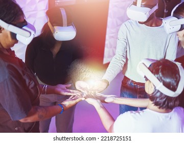 Hands, Collaboration And Virtual Reality With A Group In The Metaverse For Esports Gaming As A Team. Future, Teamwork And Vr With Male And Female Gamer People In The Digital World From Above