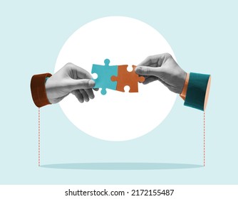 Hands combine puzzle pieces. Art collage. - Shutterstock ID 2172155487