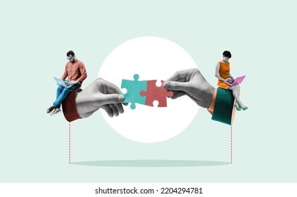 Hands combine puzzle pieces. Art collage. - Shutterstock ID 2204294781