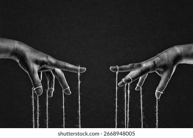 Hands with Controlling Strings, Manipulation Concept in Black and White on Textured Paper Background