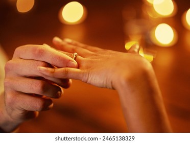 Hands, couple and engagement ring for proposal with fiance for love with commitment, people and unity. Romantic, surprise and special moment with save the date or flare, relationship and together. - Powered by Shutterstock