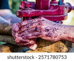 Hands covered with must and grape residues during the artisanal wine pressing process, with a traditional red press in the background. A powerful image that reflects the strength and tradition of wine