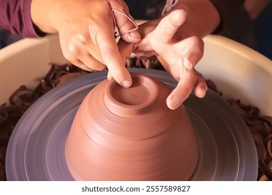 Hands Crafting Pottery on a Spinning Wheel with Clay Trimmings - Powered by Shutterstock