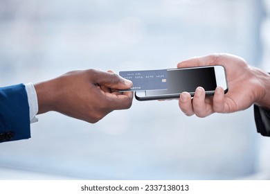 Hands, credit card tap and phone payment, shopping and digital banking with mockup space. Smartphone, fintech and hand of people with finance, web sales or money transfer app of financial customer. - Shutterstock ID 2337138013