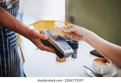 Hands, credit card and waitress with pos at coffee shop with sale, deal and fintech for customer experience. People, service and payment for drink, espresso and easy with cashless transaction in cafe - Powered by Shutterstock