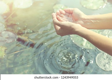 hands in cupped form getting water from a lake or fountain - Powered by Shutterstock