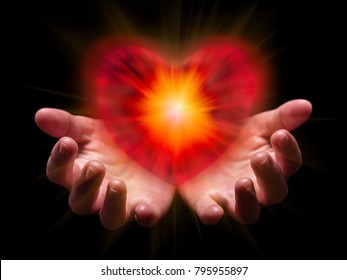 Hands Cupped And Holding Or Showing Romantic Red Heart For Valentine Or Valentines Day With Bright, Glowing, Shining Light. Concept For Offering, Giving In Love, Passion, Romance. Black Background