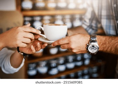 Hands, customer and waiter with coffee cup, cafe and latte with drink, catering and helping at diner. Barista, server and closeup for giving tea with service, order or choice in morning at restaurant - Powered by Shutterstock