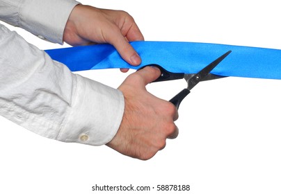 Hands Cutting Blue Ribbon With Scissors