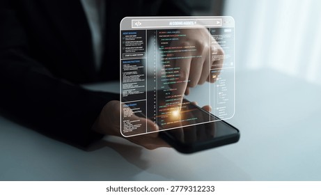 Hands of a Developer Interacting with Code on a Smartphone Displaying Augmented Reality Technology for Programming and Software Development Quark. - Powered by Shutterstock - Get 15% off with code: PIKWIZARD15