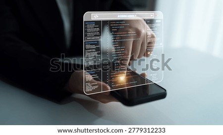 Hands of a Developer Interacting with Code on a Smartphone Displaying Augmented Reality Technology for Programming and Software Development Quark.