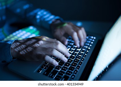 Hands Of Developer Working On Computer In The Dark