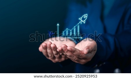 Businessman’s Hands Displaying Virtual Screen with Data Analysis and Rising Market Trends Visualizing Economic Growth Through Demand, Supply, Price, and Tax Analysis for Business Strategy