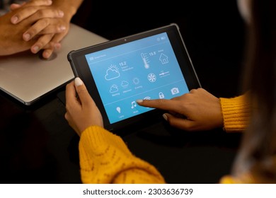 Hands of diverse couple at home, woman using tablet with smart home interface on screen. Technology, convenience and domestic life. - Powered by Shutterstock