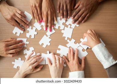 Hands of diverse people assembling jigsaw puzzle, african and caucasian team put pieces together searching for right match, help support in teamwork to find common solution concept, top close up view - Powered by Shutterstock