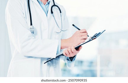 Hands, doctor and clipboard writing notes for hospital schedule, history record or healthcare checklist. Paper, documents or person with life insurance with medical aid, prescription or test results - Powered by Shutterstock