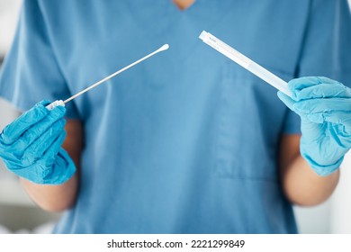 Hands, Doctor And Covid Test In Hospital For Research, Collect And Healthcare Innovation Closeup. Hand, Nurse And Covid 19 Testing With Medical Sample For Laboratory, Pathology And Science Experiment