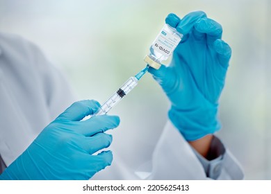 Hands Of Doctor With Covid Vaccine And Needle For Help, Support And Safety Protection From Covid 19 Pandemic. Medical Healthcare Worker, Hospital Nurse Or Corona Virus Expert With Medicine Innovation