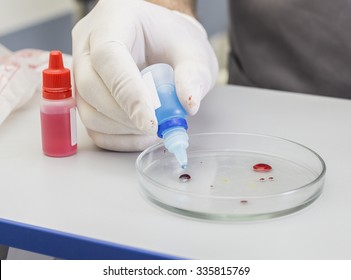 hands of the doctor doing the analysis and a blood sample at a table with gloves