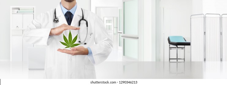 Hands Doctor With Marijuana Medical Cannabis Icon With The Clinic In The Background, Copy Space And Web Banner Template