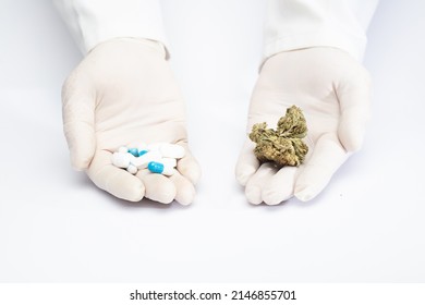 hands of a doctor with pharmaceutical industry pills, and marijuana in buds, choice of natural medicine, choice of pharmacological medicine, white background