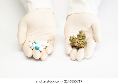 hands of a doctor with pharmaceutical industry pills, and marijuana in buds, choice of natural medicine, choice of pharmacological medicine, white background