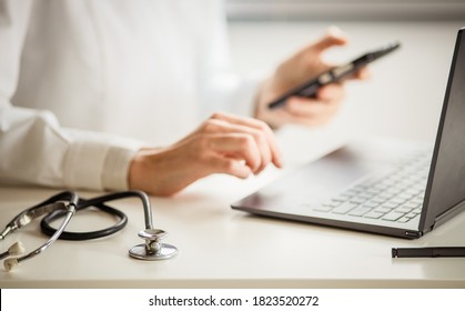 Hands Of Doctor Working On Laptop Tele Medicine Concept