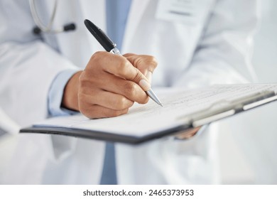 Hands, doctor and writing on paperwork in hospital for insurance details, consent form and treatment plan. Female medical worker, mask and clipboard with prescription, clinic notes and information. - Powered by Shutterstock